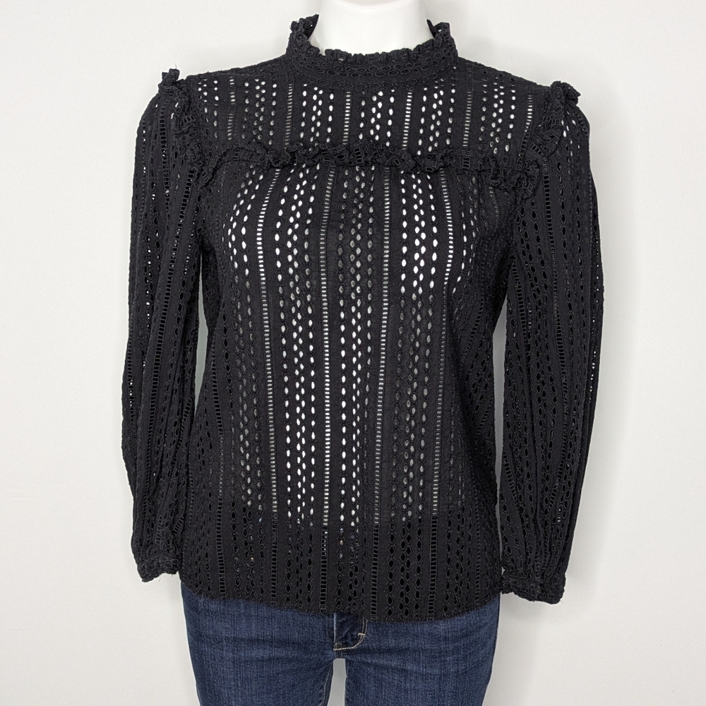 Madewell Black Eyelet Lace Ruffle Long Sleeve Tie Neck Top S